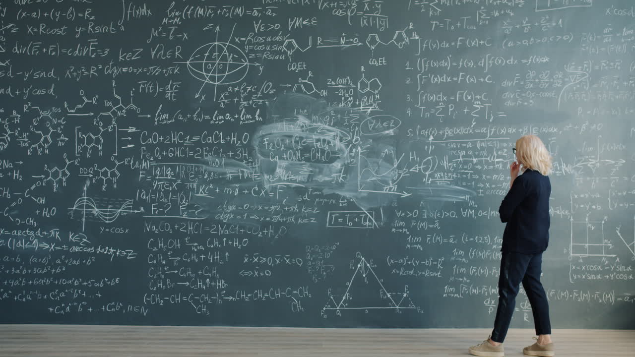 Woman Looking at Equations on a Chalkboard