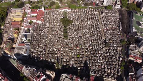 Antena-De-Arriba-Hacia-Abajo-Dando-Vueltas-Sobre-El-Enorme-Cementerio-De-La-Recoleta-En-La-Ciudad-De-Buenos-Aires,-Argentina