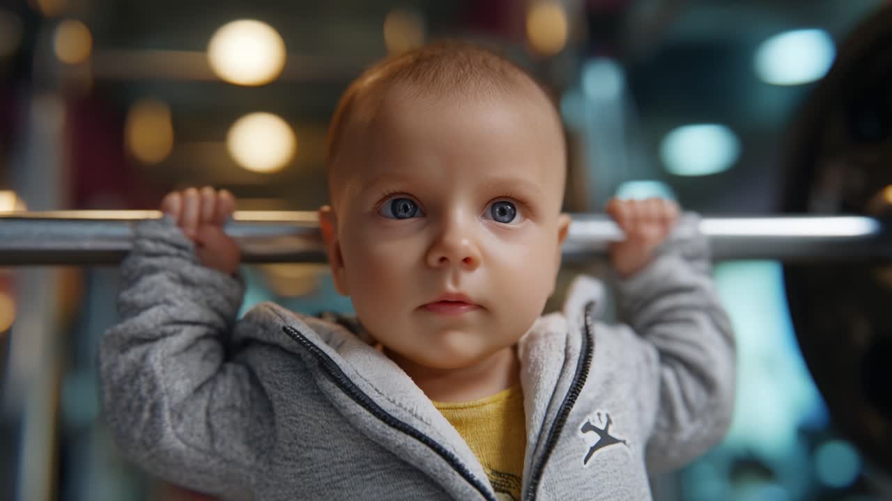 Adorable Baby Lifting Weights: A Journey of Strength and Determination in a Gym Setting, Showcasing the Early Struggles and Triumphs of Youthful Fitness