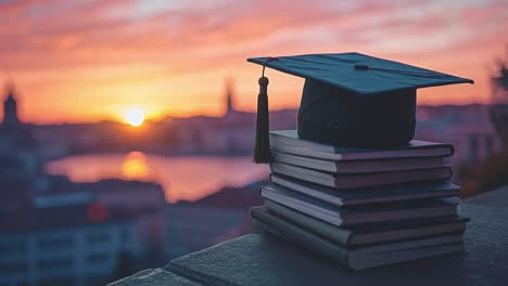 graduation cap on books at sunset