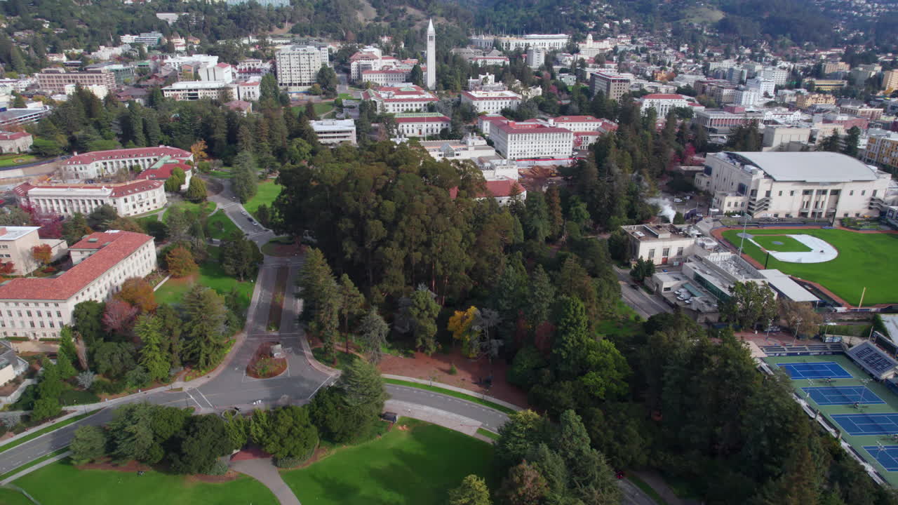 vista aérea, universidad de california berkeley estados unidos campus, parque y edificios, revelando toma de drone