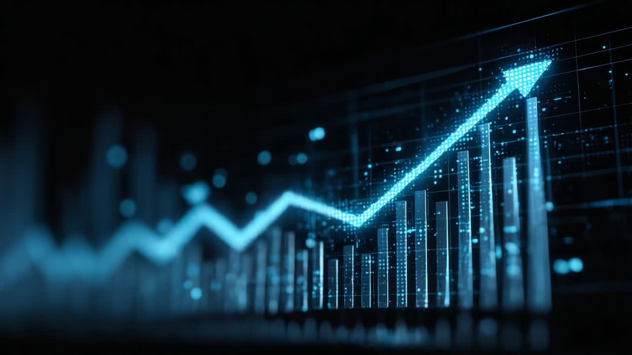 Dynamic Growth Visualization: A Futuristic Data Representation Showing Continuous Upward Trends and Increasing Metrics in a Dark Background