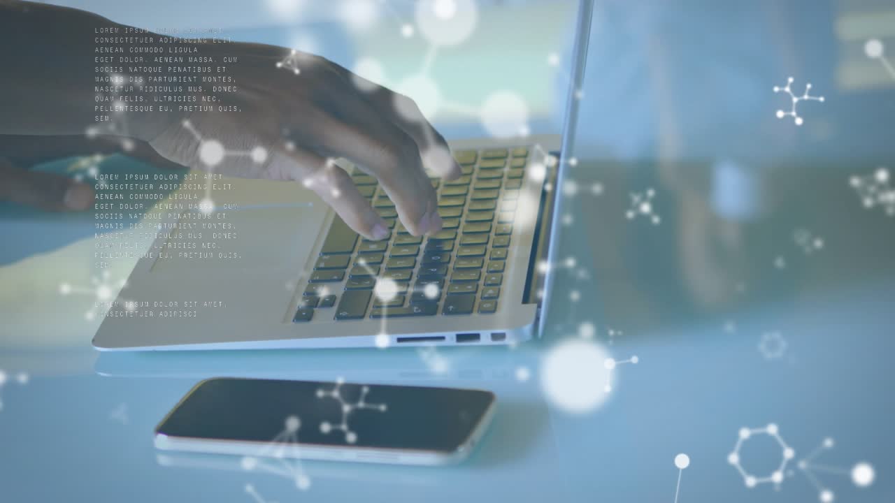 Animation of data processing and molecules over hands of man using laptop