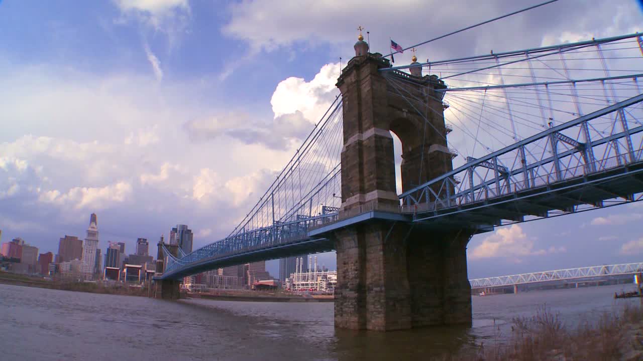 오하이오 강을 가로지르는 다리가 시간 경과에 따라 오하이오 신시내티로 이어집니다.