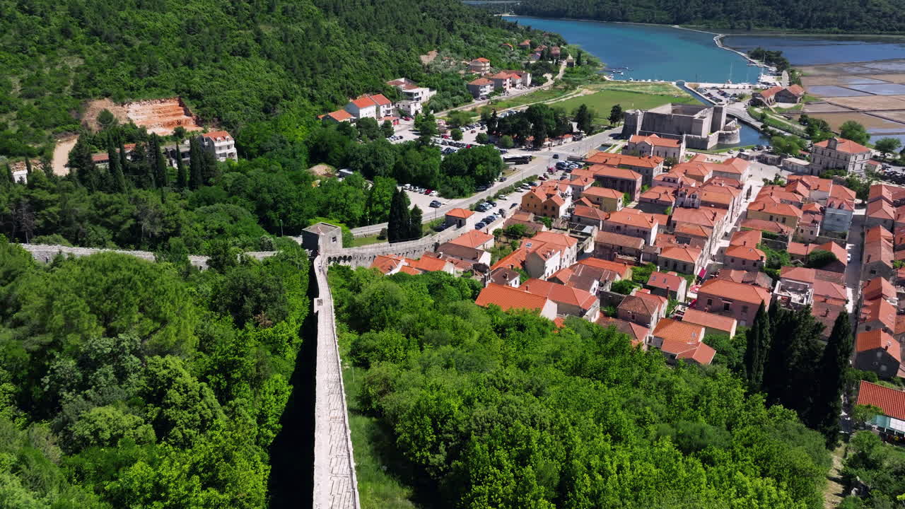 Old Town Of Ston With Walls Of Fortification In Croatia - Drone Shot