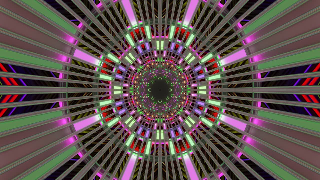 This seamless looping screensaver features a captivating display of dynamic, colorful patterns that pulse in a mesmerizing circular design, creating an immersive visual experience