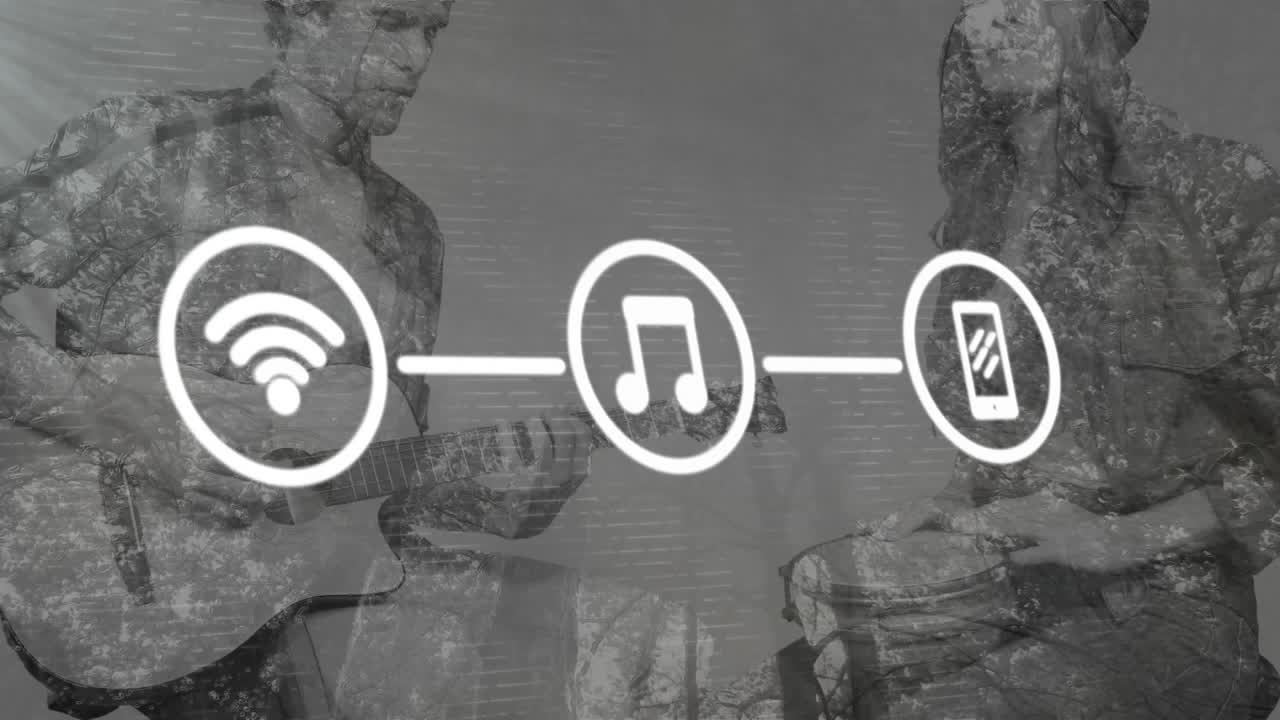 기타와 드럼을 연주하는 백인 남녀에 대한 미디어 아이콘의 애니메이션