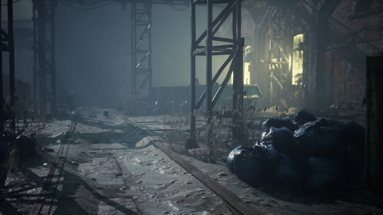 viejo callejón oscuro del almacén de la fábrica por la noche