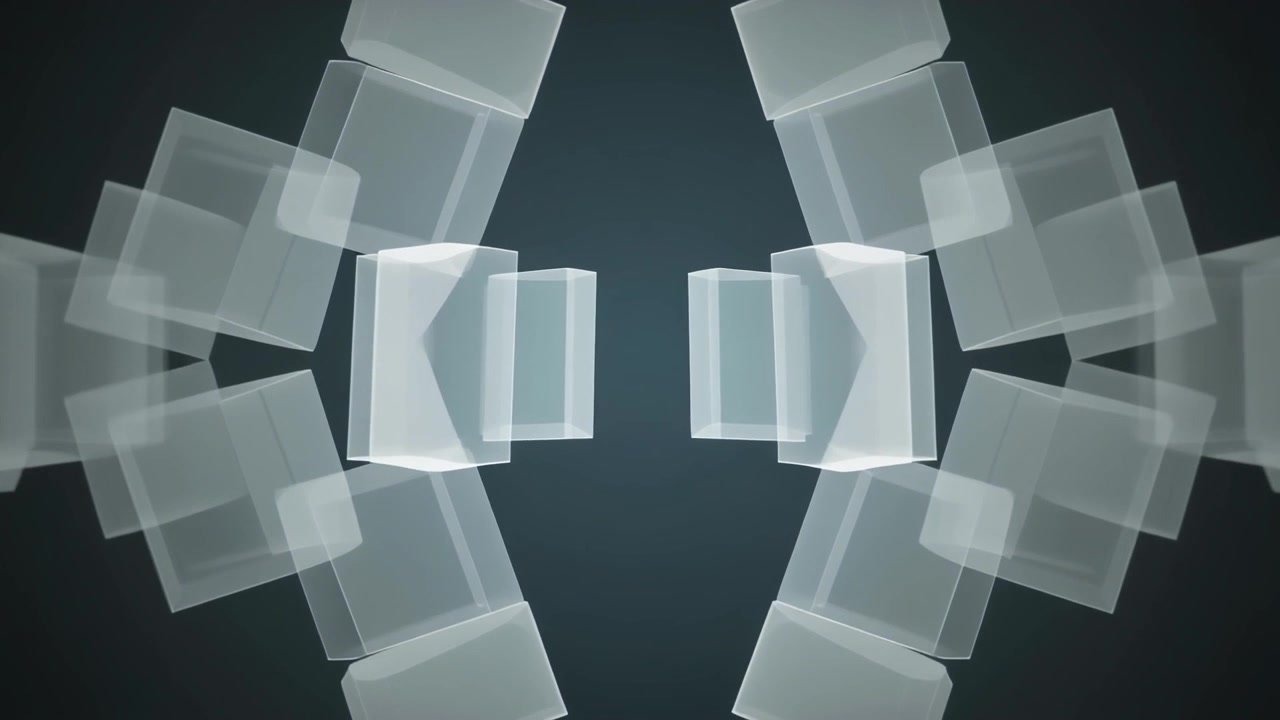 Abstract Animation of Translucent Floating Cubes Moving in Symmetry
