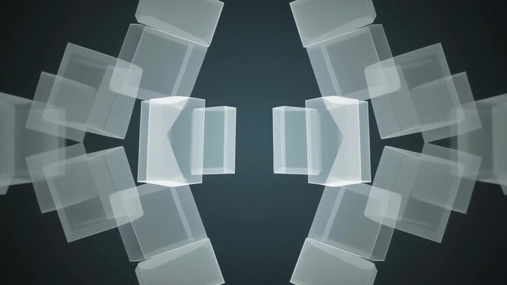 Abstract Animation of Translucent Floating Cubes Moving in Symmetry