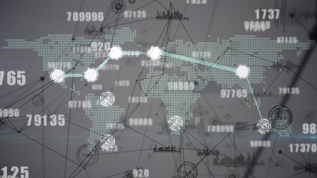 Animazione di rete di connessioni, mappamondo ed elaborazione dati su sfondo bianco