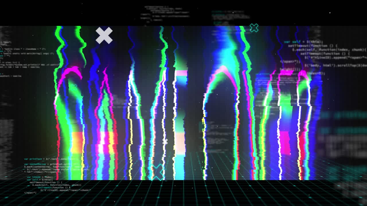 배경에서 데이터 처리와 함께 화면 위에 텍스트 위에 반 ⁇ 이는 게임의 애니메이션