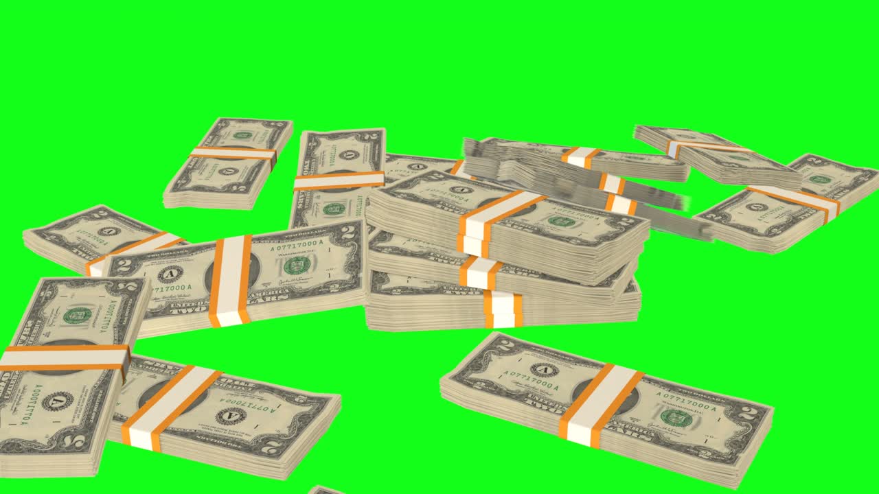 Many wads of money falling on chromakey background. 2 US dollar banknotes.