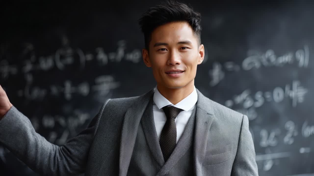 数学的な方程式と公式で埋め尽くされた黒板の背景を背に、スタイリッシュなスーツを着た自信に満ちた男性が聴衆と交流している様子
