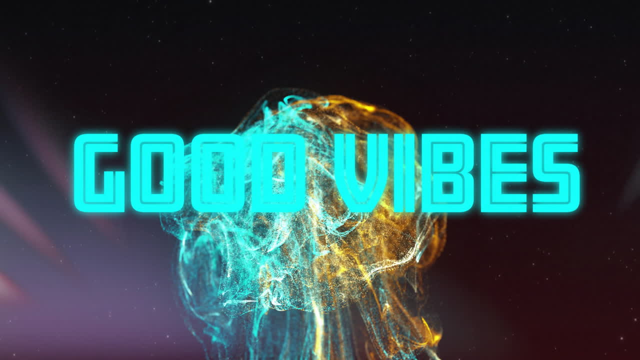 Animation of good vibes text over colourful shapes