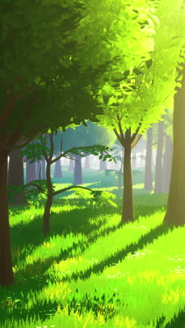 una escena de bosque pacífico con árboles altos y hierba verde exuberante