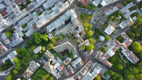 Birds-eye-shot-of-urban-borough.-Residential-buildings-and-lush-green-vegetation-in-late-afternoon-light.-Paris,-France