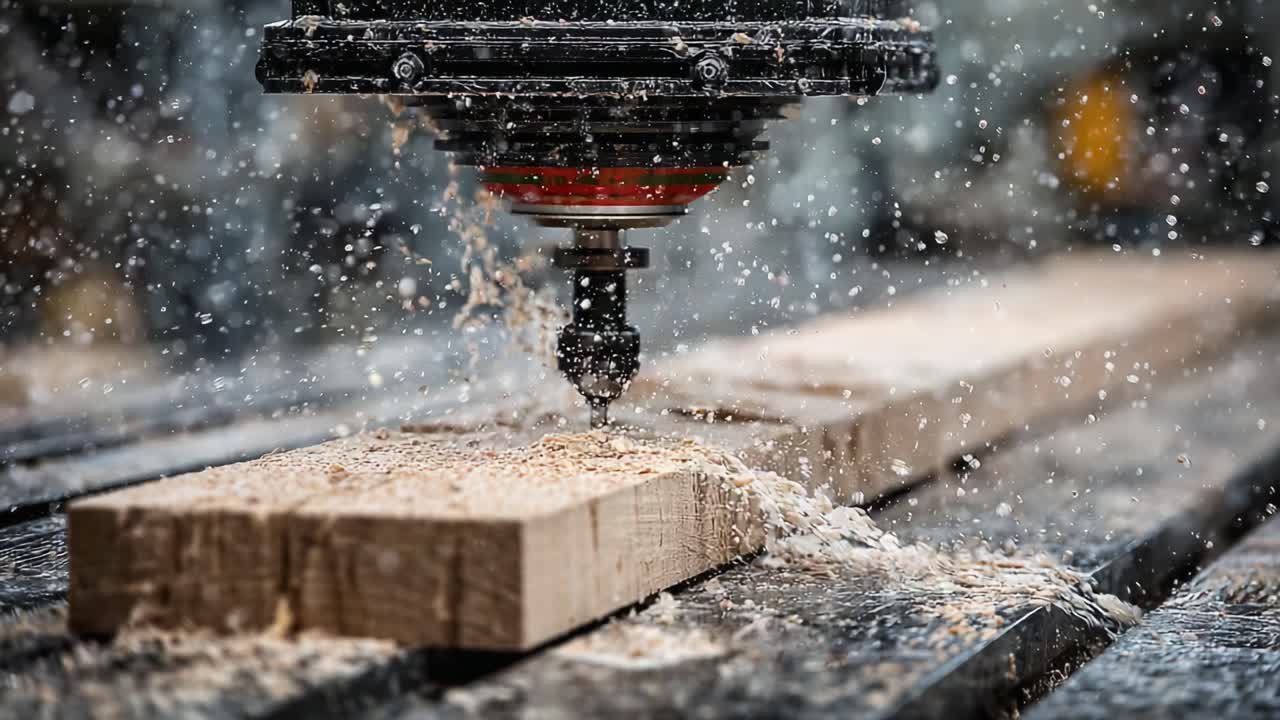 Lavorazione del legno di precisione: dettaglio di una macchina CNC che intaglia il legname con dettagli raffinati e trucioli che volano in un ambiente dinamico da laboratorio