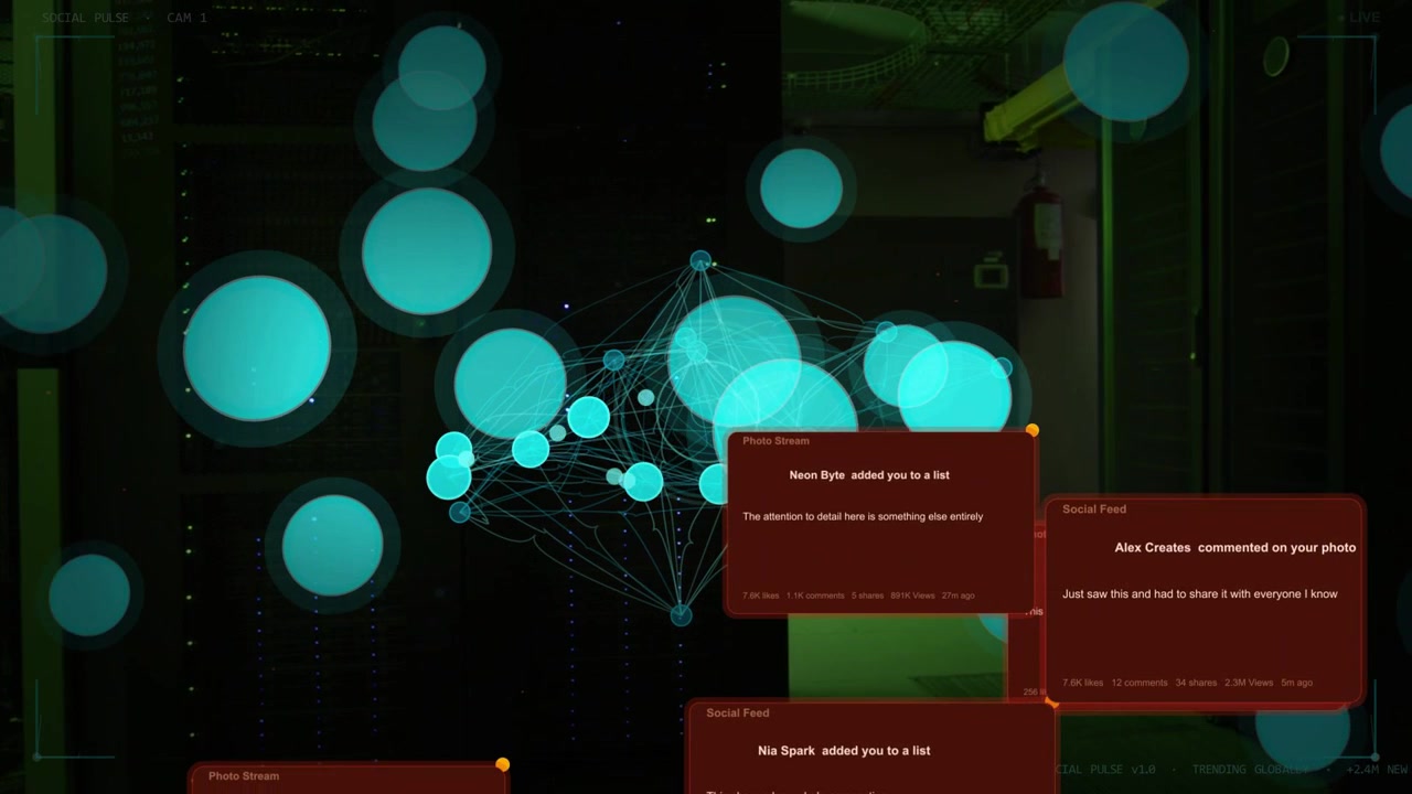 Network map starting teal dots moving into clusters in green aisle popping red alerts showing spike