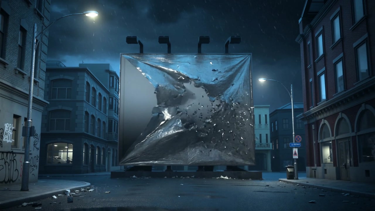 Lightning puncturing metallic tarp, billboard shedding cover on stormy urban street, exposing panel