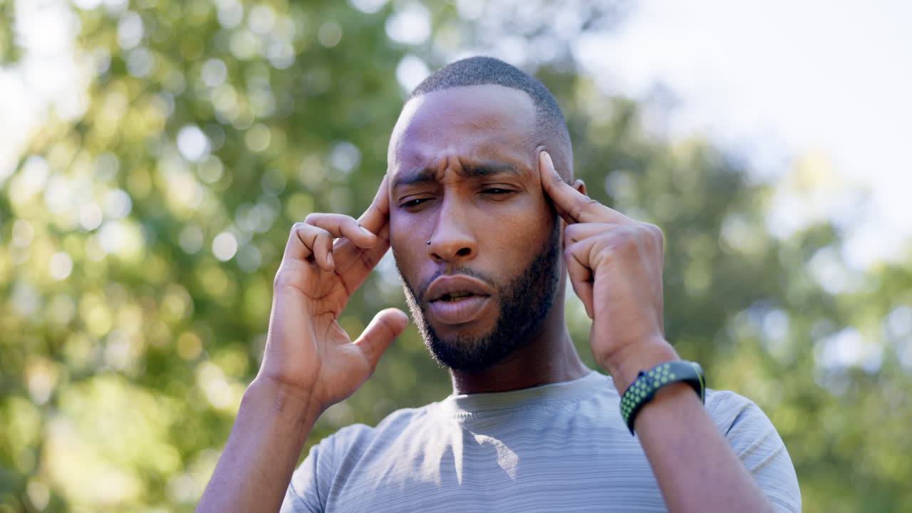 Fitness, headache and black man in pain