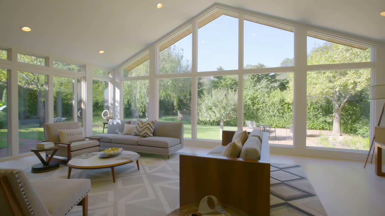 Bright and Spacious Modern Living Room with Expansive Windows and Garden Views