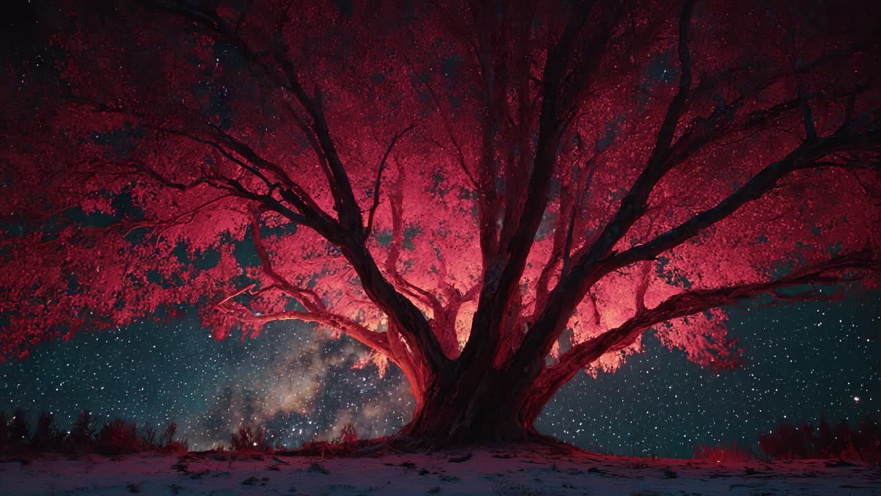 Et majestætisk træ oplyst af kosmiske farver under en stjernehimmel: En fængslende fremvisning af naturens skønhed og universets vidundere