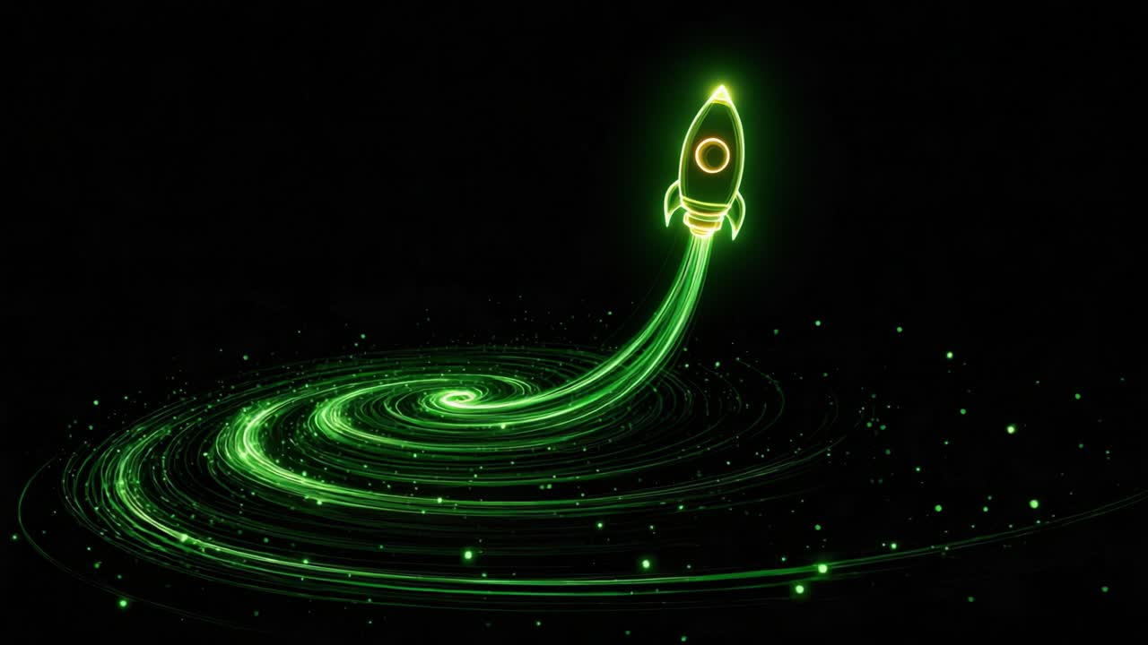 Animated green neon rocket taking off on a black background, creating a swirling galaxy of light particles and leaving a trail of stardust, symbolizing business startup, growth, and innovation