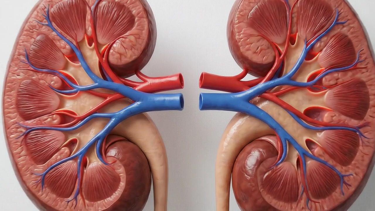 Detailed paired kidneys anatomy with arteries and veins educational visualization