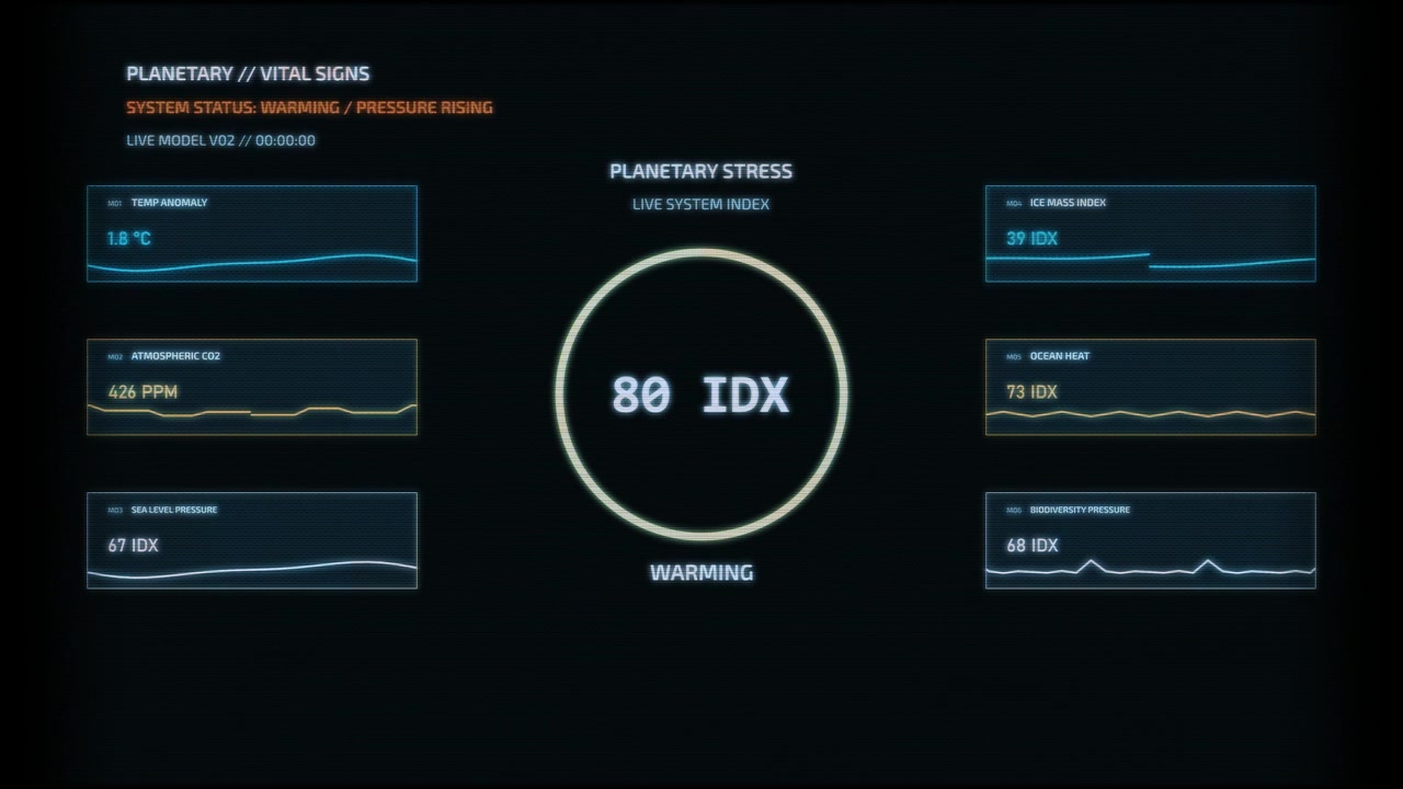 Digital interface displaying planetary vital signs with stress index and warming metrics. Data visualization for climate change, environmental monitoring, and scientific research.