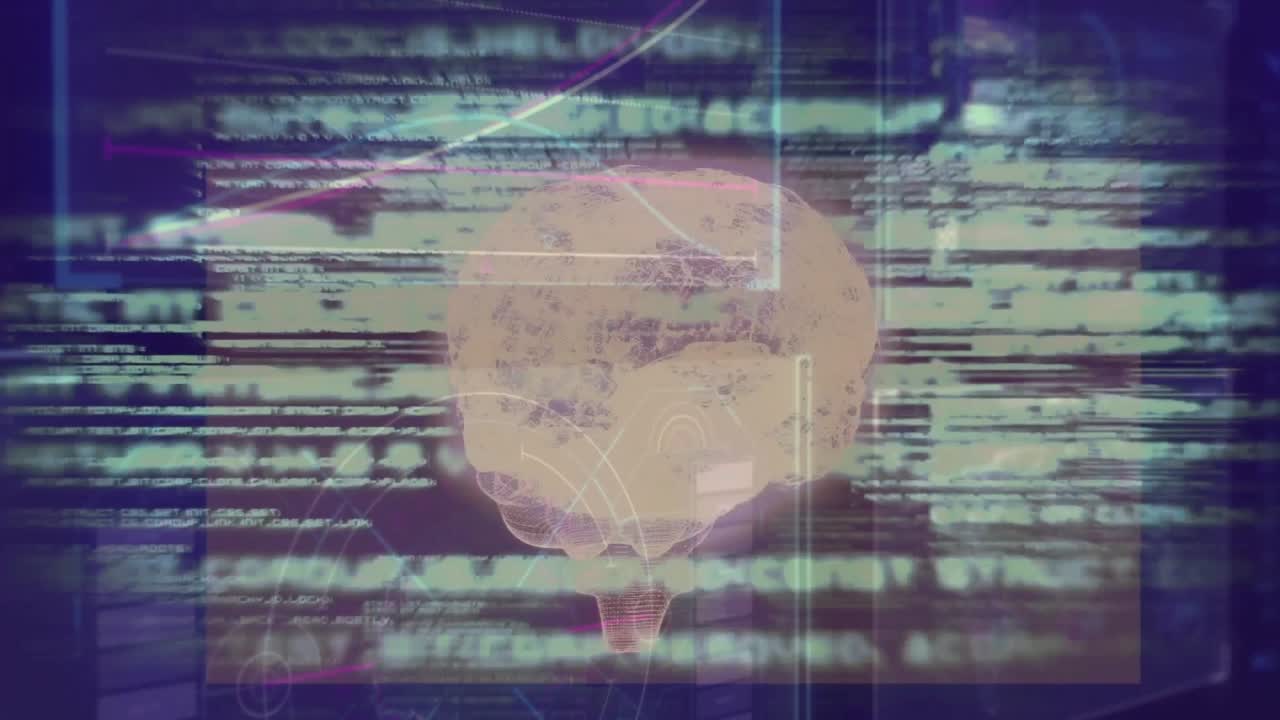 Panel appearing initiating brain hologram materializing, graph rising and code flowing showing data