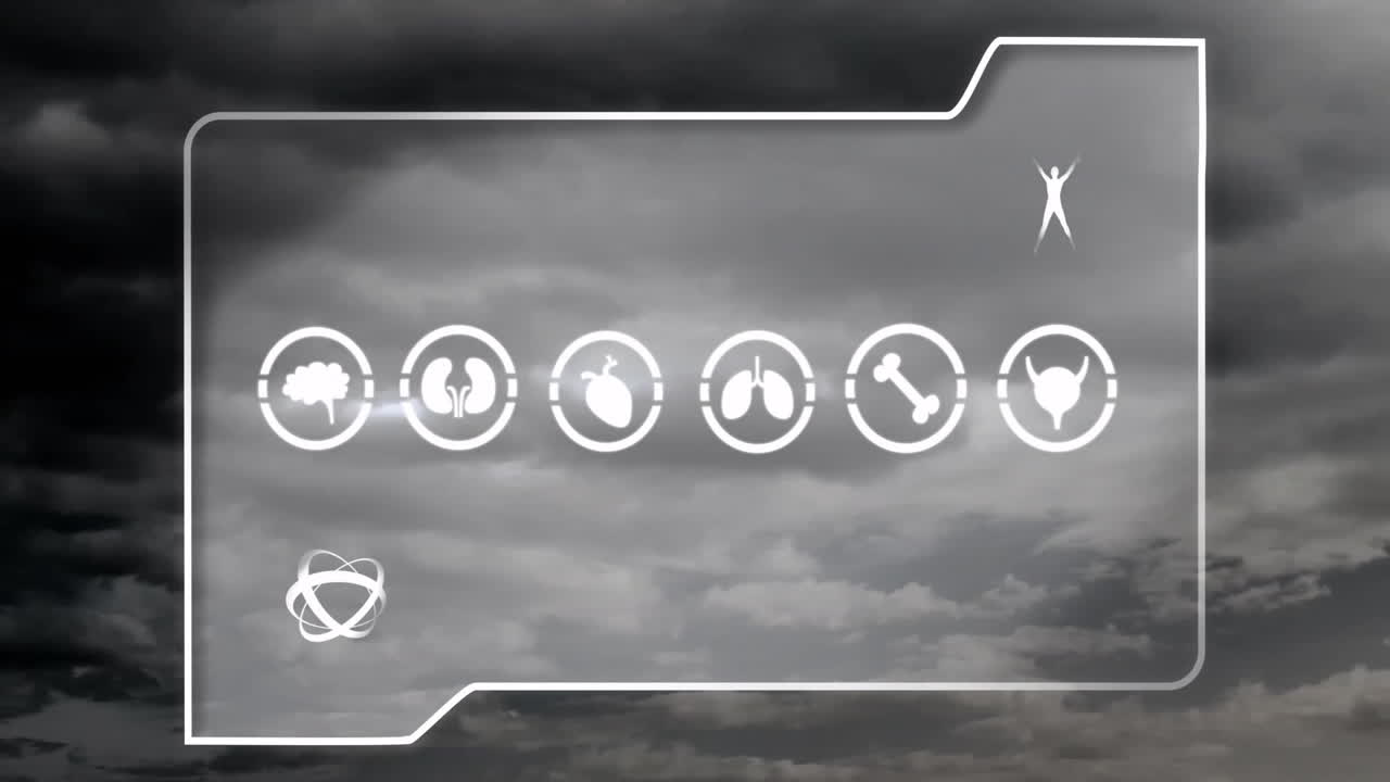 Animated icons of various objects floating over cloudy sky background