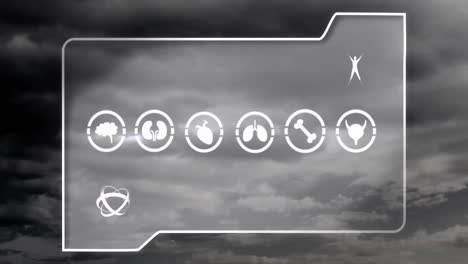 animated icons of various objects floating over cloudy sky background