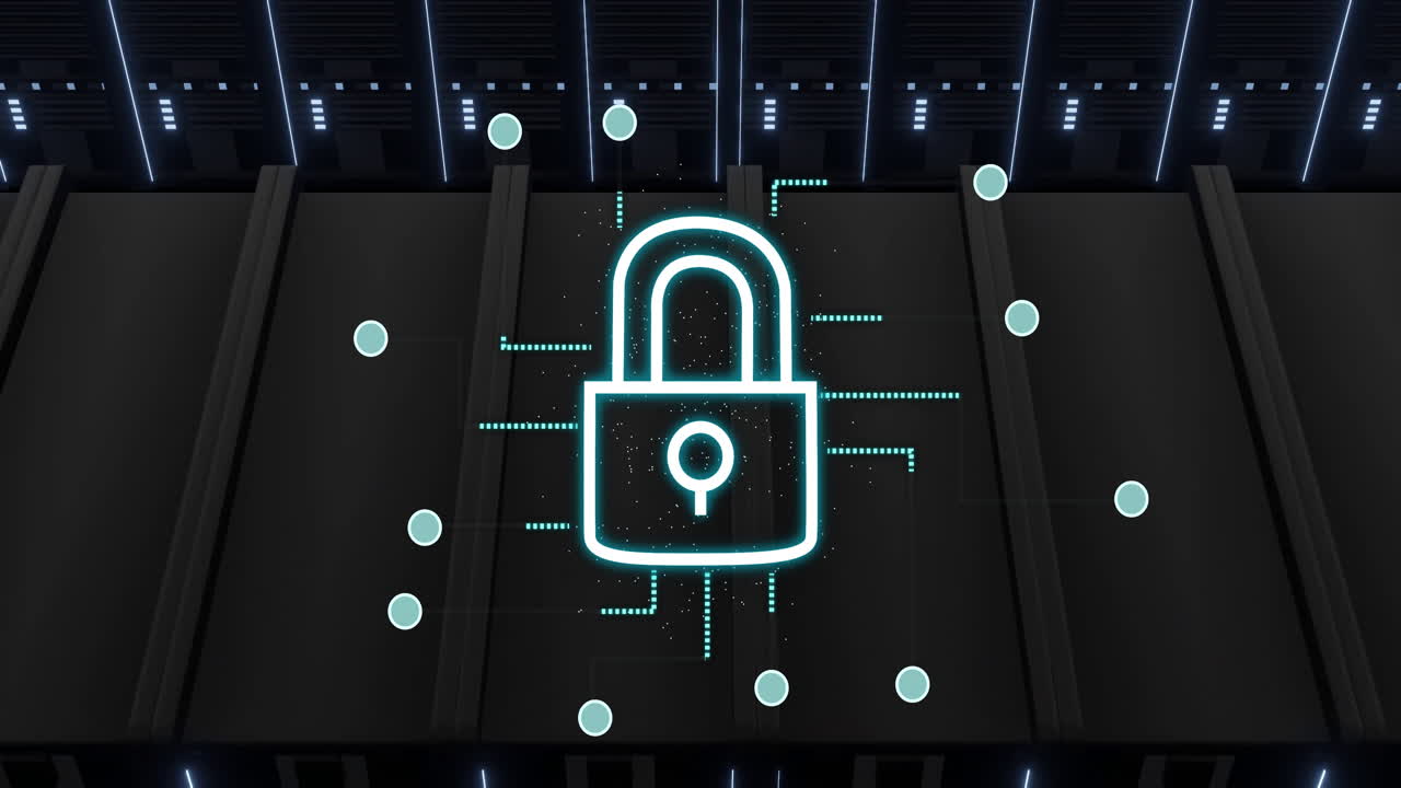 animación del icono de bloqueo y las conexiones de red a través de racks de servidores en el centro de datos
