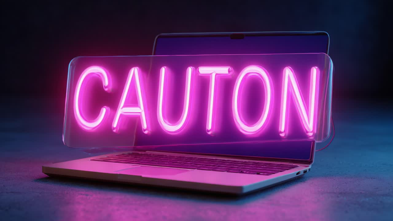 A striking neon sign displaying the word 'CAUTION' glowing in vibrant pink colors above an open laptop, creating an intriguing visual contrast in a dark environment