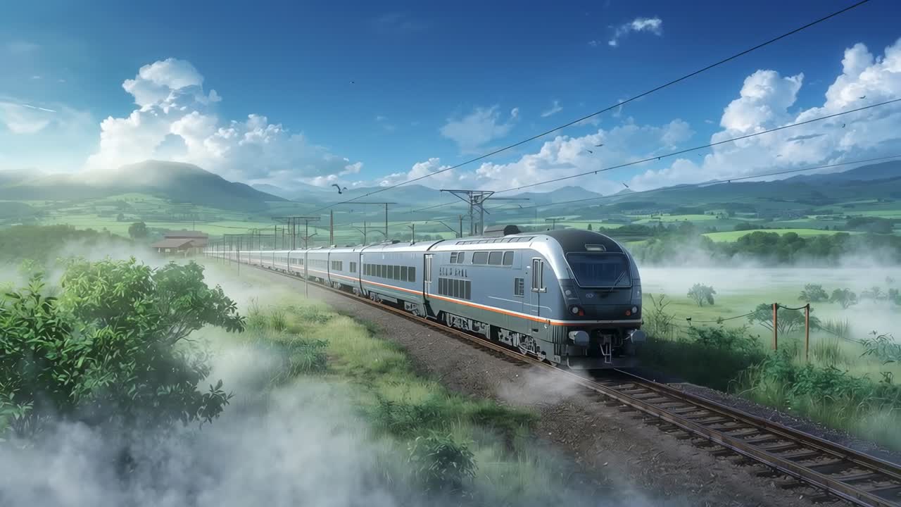 Moving silver train along tracks through green hills, sunlight thinning fog and revealing wires