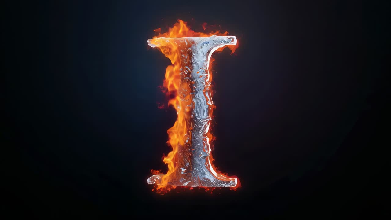 Embers igniting metallic uppercase letter I burning with flickering flames against dark backdrop