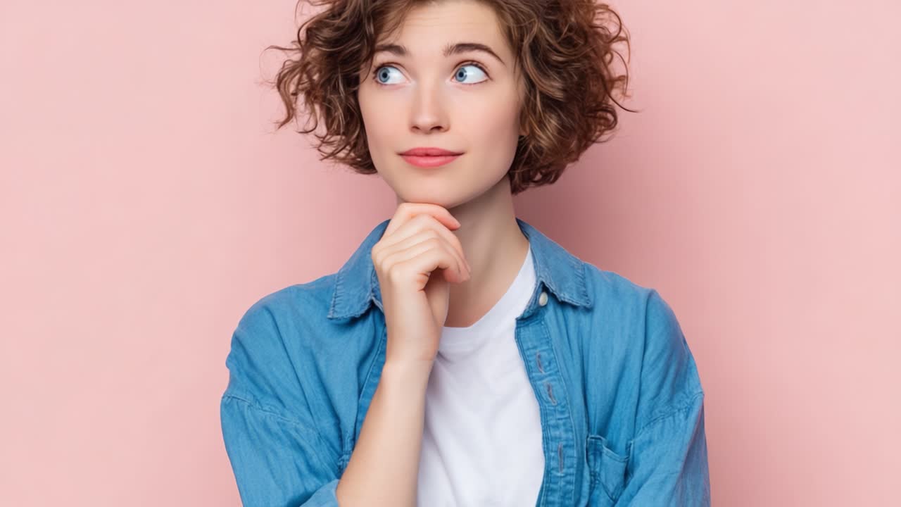 A Thoughtful Young Woman with Curly Hair Ponders on a Pink Background, Exuding Curiosity and Playfulness in a Lighthearted Moment of Reflection