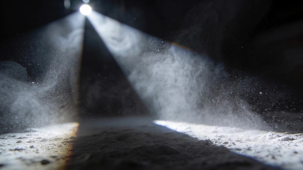 Un fascio di luce dall'alto che appare rivela polvere che vortica sollevandosi sopra il pavimento grezzo dello studio, con un'ombra triangolare.