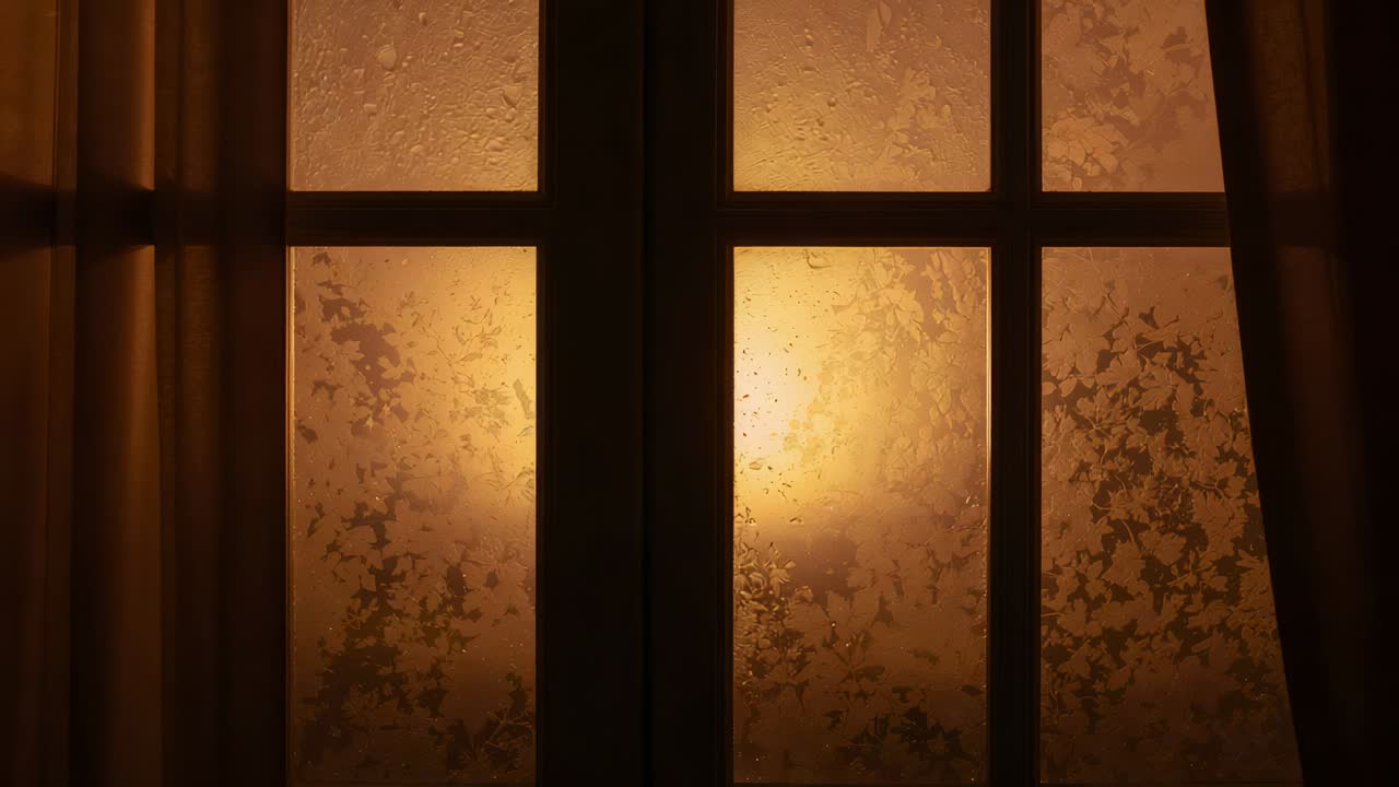 Sliding sheer curtain revealing frosted four-pane window inside dim room at night, warm backlight