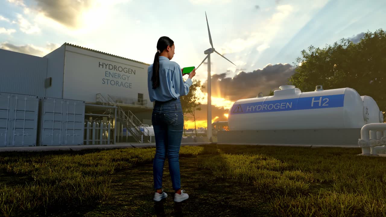 vista trasera completa del cuerpo de una trabajadora profesional asiática de pie con un teléfono inteligente de pantalla verde en una fábrica de hidrógeno verde, una instalación industrial de alta tecnología