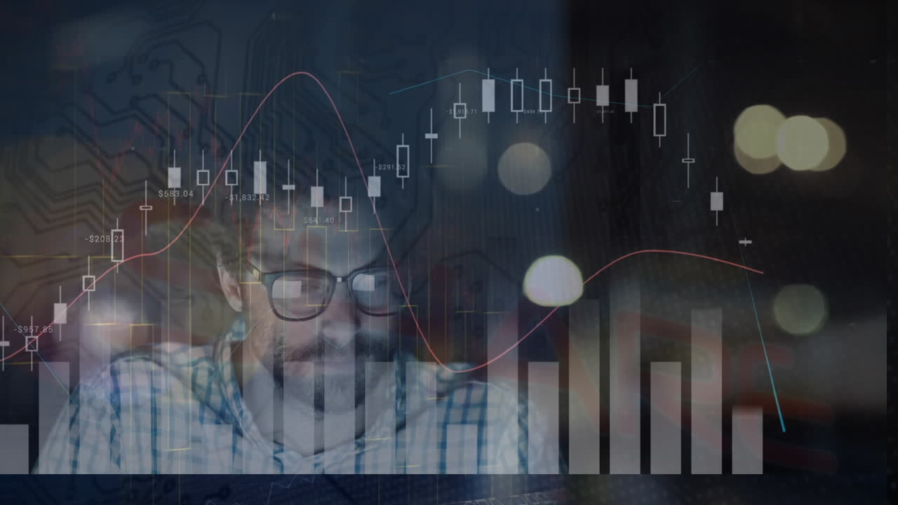 Animation of numbers, statistics and data processing over businessman using computer