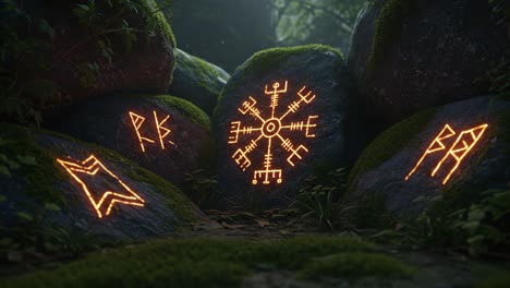 an enigmatic display of illuminated symbols carved into moss-covered rocks, surrounded by lush forest, evoking mystical energy and ancient wisdom