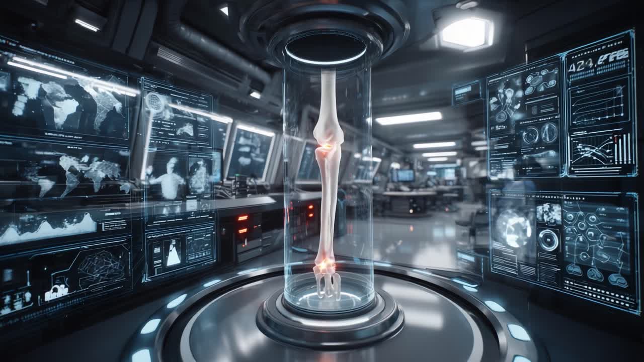Modern Biomechanics: Advanced Visualization of a Human Knee Joint in a High-Tech Laboratory Setting with Interactive Graphical Interfaces for Research and Analysis