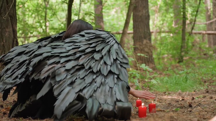 Side view of goddess with large black wings kneeling in forest surrounded by glowing red candles, reaching hand to flame before prayer, mystical and spiritual moment filled with calm energy