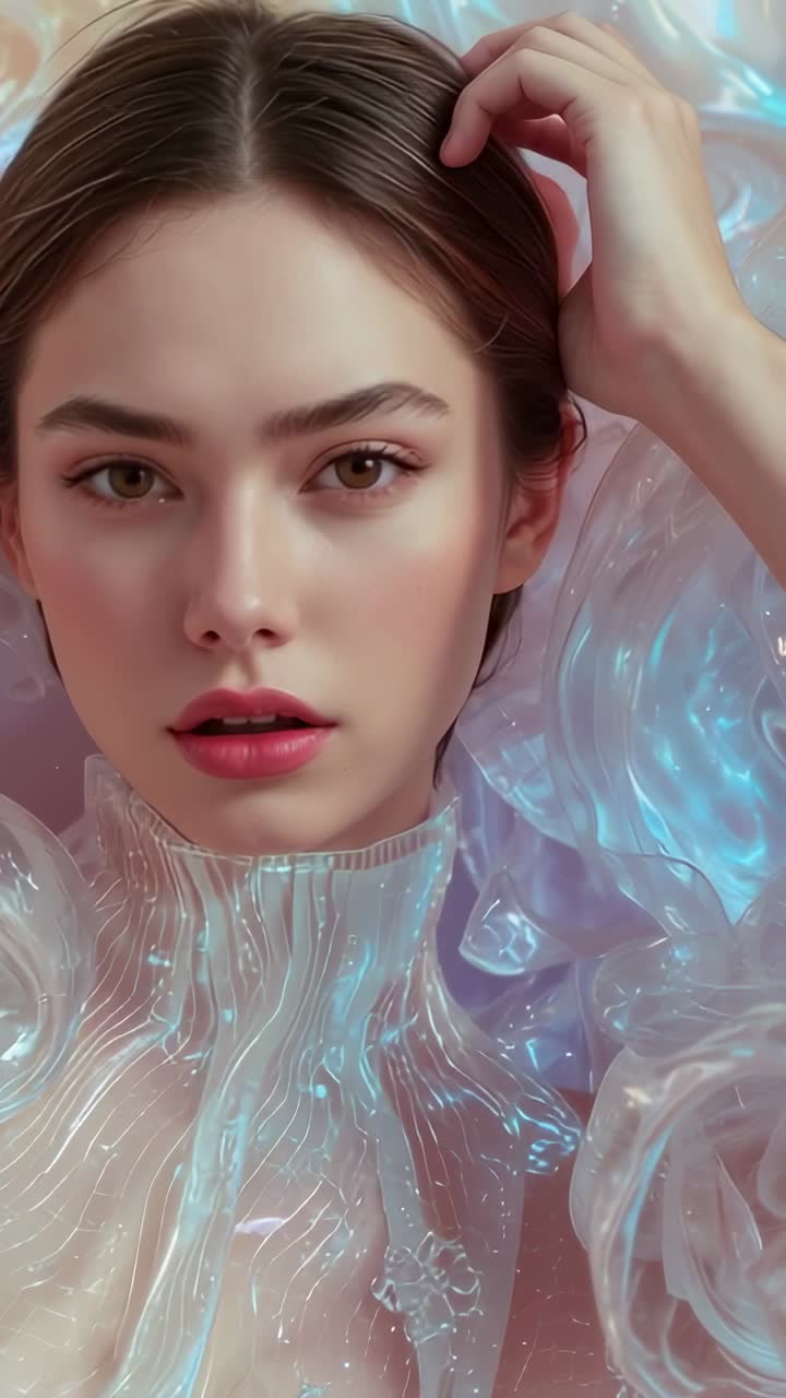 Vertical video: Closeup framing model blinking and tucking hair in studio showing sculpted collar