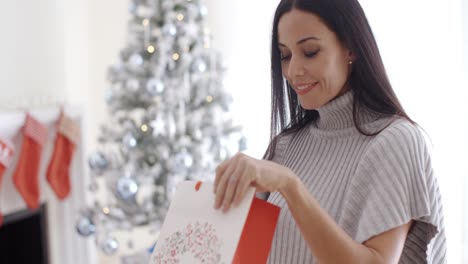 young woman opening a christmas gift bag