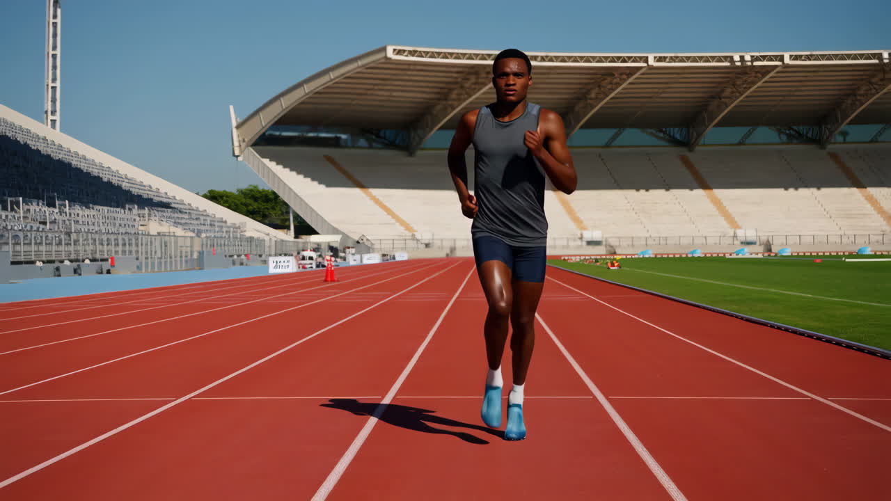 Male Athlete Running on a Stadium Track