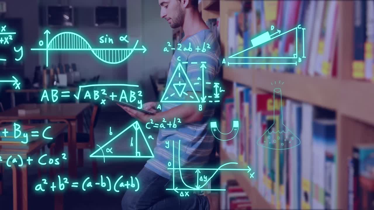 animación del procesamiento de datos científicos sobre el estudiante caucásico masculino.