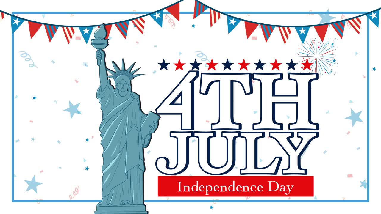 Animation highlighting the Statue of Liberty with fireworks and patriotic banners for Independence Day